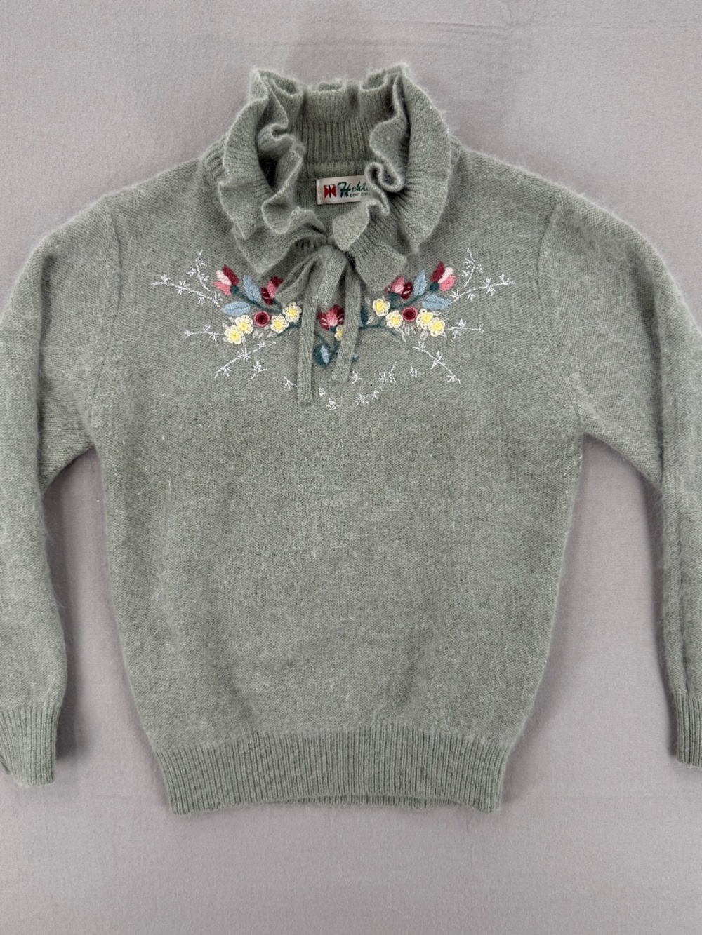 Vintage Soft Angora Wool Knit Ruffle Cottage Fairy Coquette Floral Sweater S